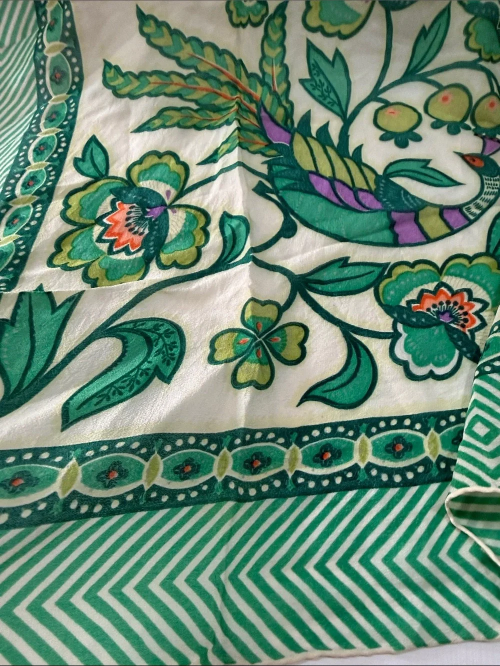 Vintage 1960’s Floral Peacock 🦚 Bird Silk Scarf 🧣 in Green & Cream white unique